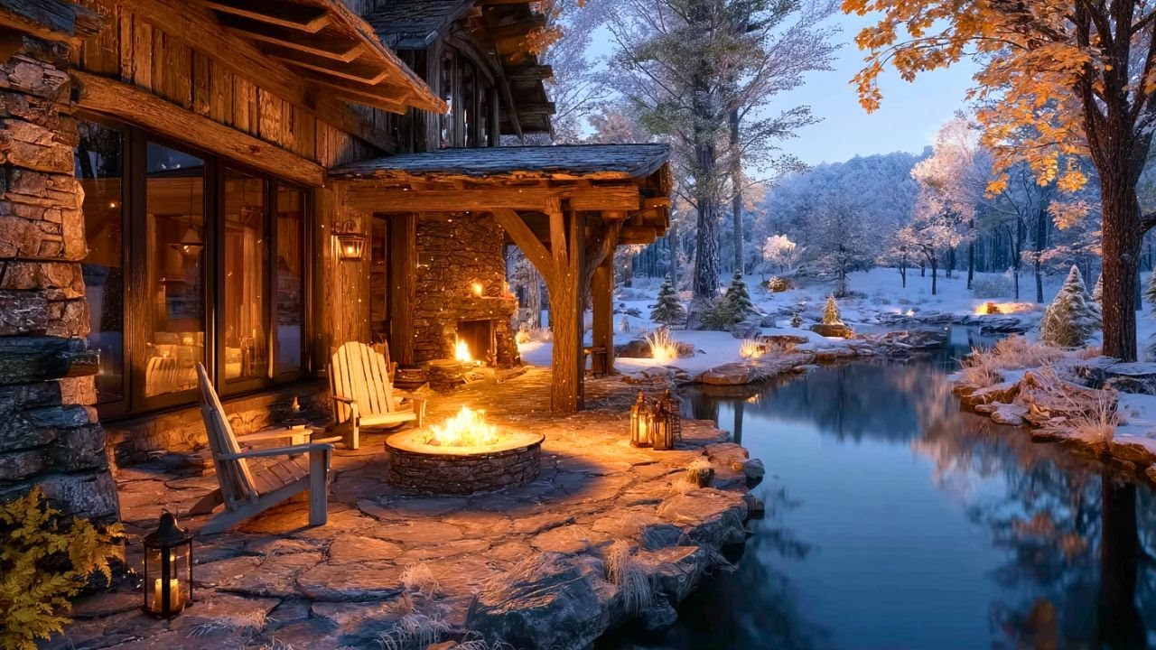 Serene Winter Escape 🌲 Firepit Warmth & Nature Sounds on a Snowy Riverside Porch