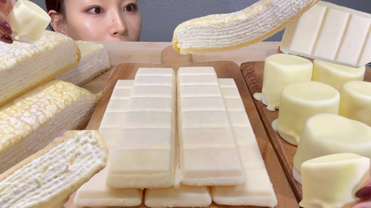 【白い板チョコアイスとホワイトチョコマシュマロ ASMR 日本語字幕