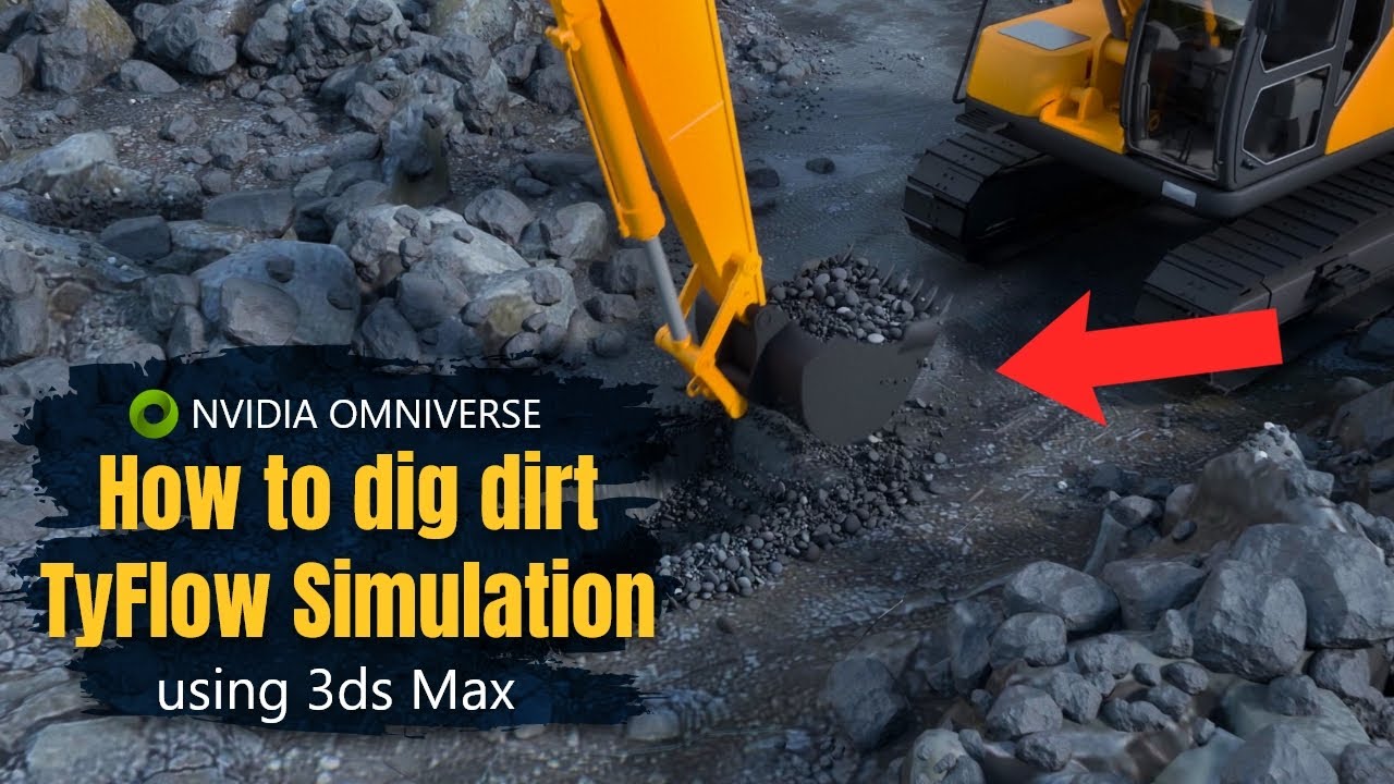 Using TyFlow & 3ds Max to simulate digging dirt, soil, or sand with an Excavator