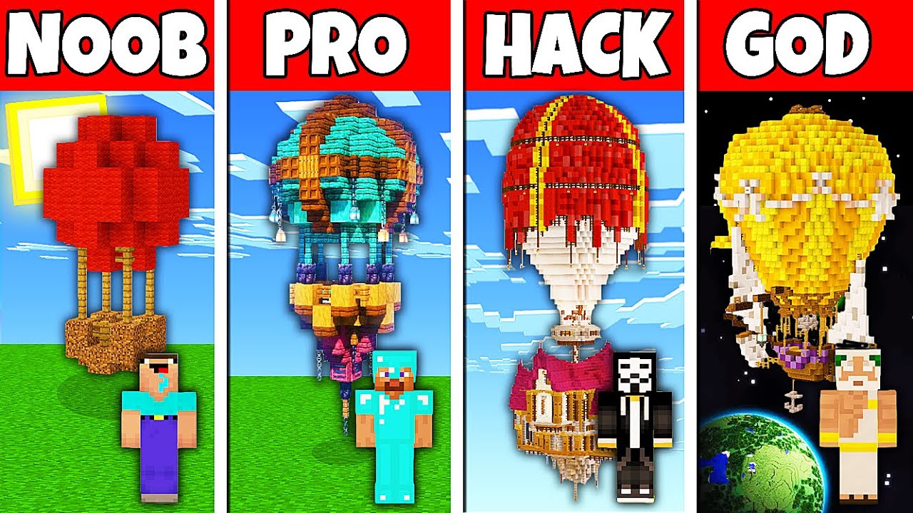 Minecraft Battle: NOOB vs PRO vs HACKER vs GOD! AIR BALLOON HOUSE BASE BUILD CHALLENGE in Minecraft