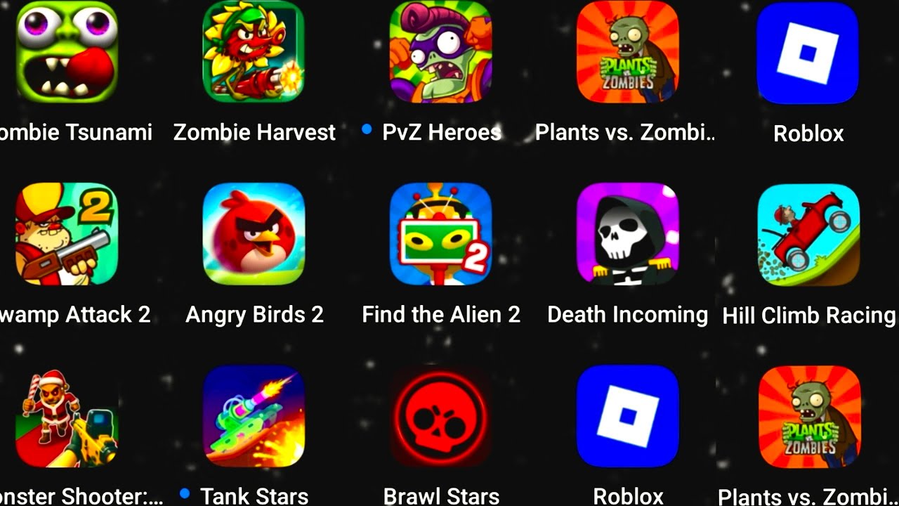 Zombie Tsunami, Swamp Attack 2, Angry Birds 2, PvZ Heroes, Brawl Stars, Poppy Playtime 4, Minecraft.