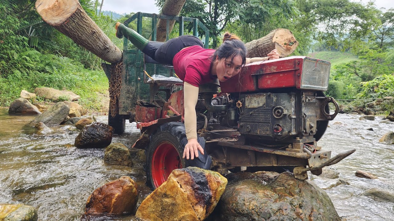 Agricultural vehicle transporting wood girl logging alone