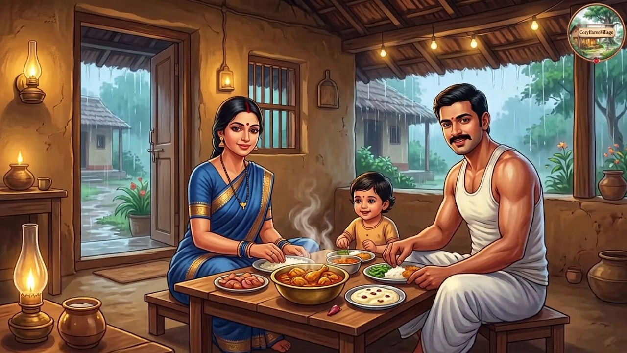 1990s Rainy Indian Village 🌧️  Chicken Curry, Homemade Junnu & Cozy Family Dinner  Ghibli Style ASMR