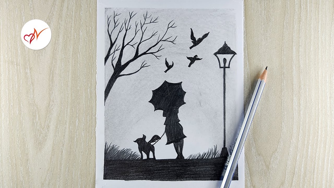 How to draw a girl holding umbrella with dog | Pencil sketch scenery drawing
