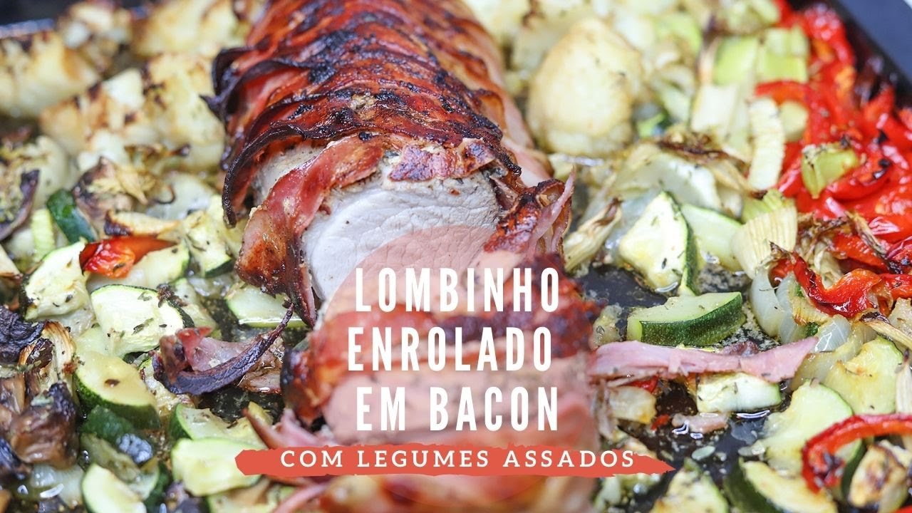 Lombinho enrolado em bacon com legumes assados