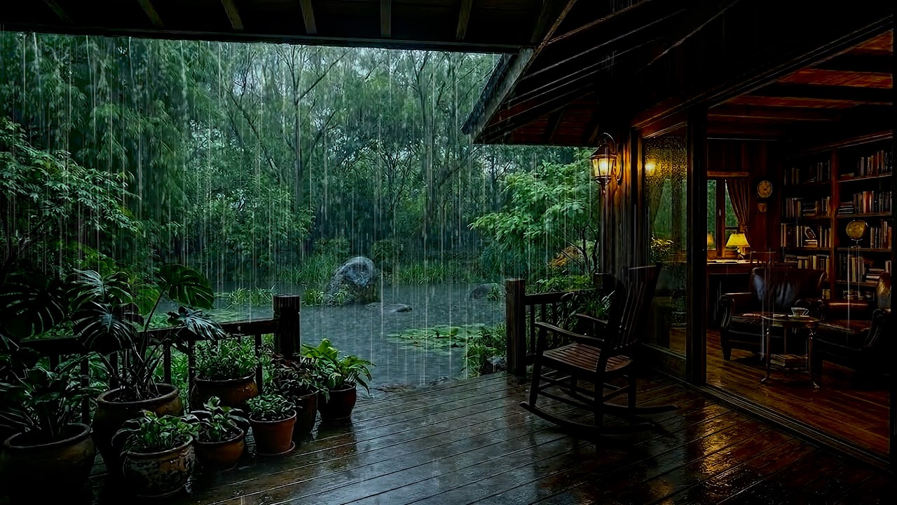 🌧️ Sleep Better on Soft Forest Rainstorm on Cabin Porch | Soft Rain Pouring on Forest Lake