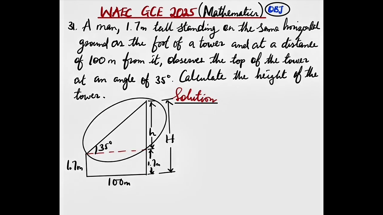 WAEC GCE 2025 | MATHEMATICS | Word Problem on angle of elevation | Question 31