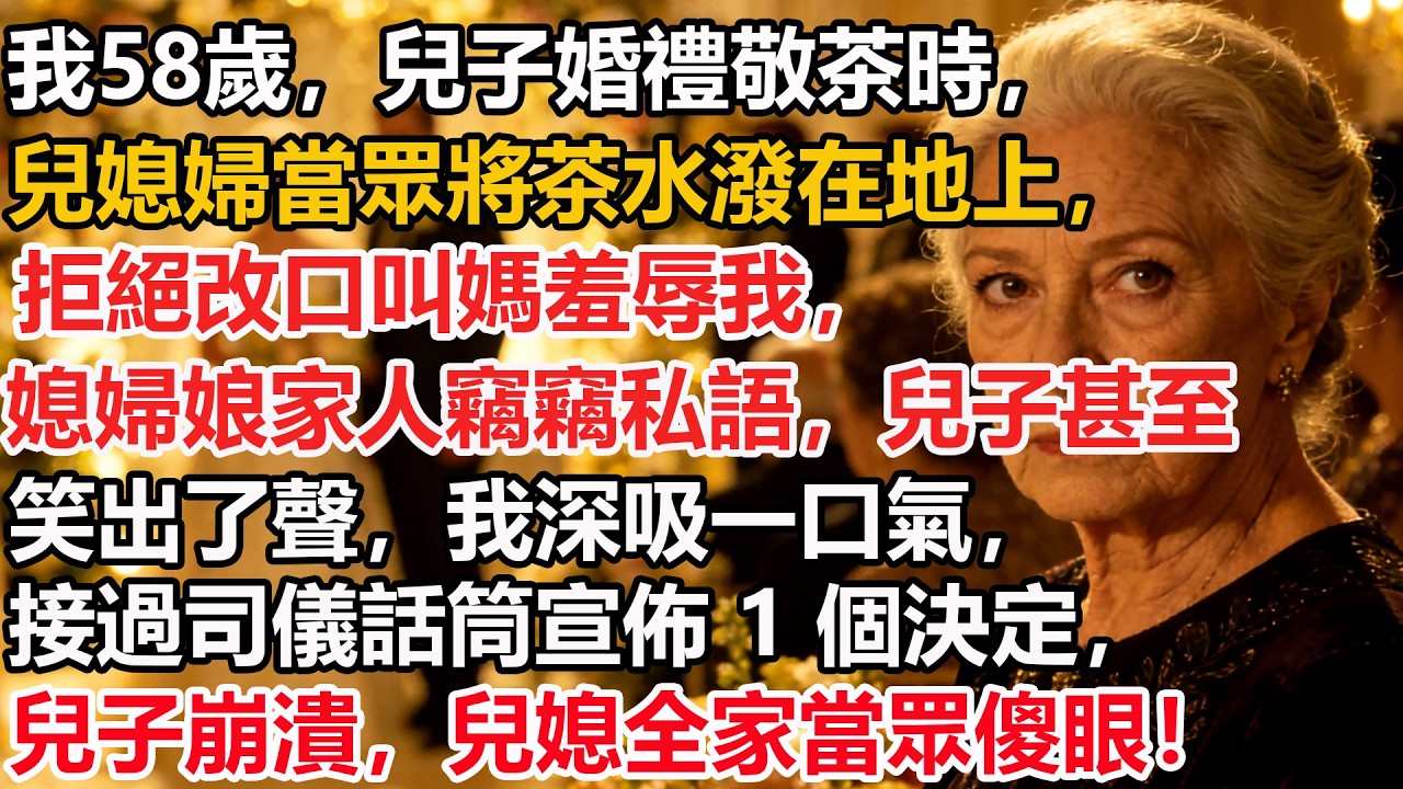 我58歲，兒子婚禮敬茶時，兒媳婦當眾將茶水潑在地上，拒絕改口叫媽羞辱我，媳婦娘家人竊竊私語，兒子甚至笑出了聲，我深吸一口氣，接過司儀話筒宣佈 1 個決定，兒子崩潰，兒媳全家當眾傻眼！