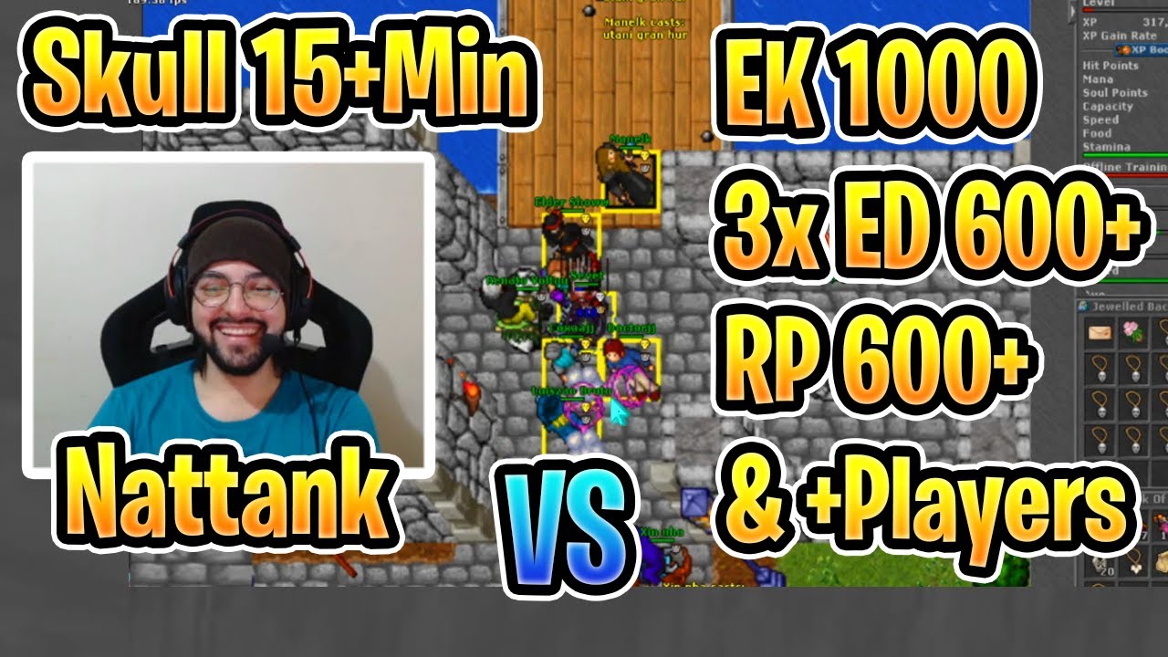 Nattank skull 15 min em level 269 vs ek 1000 e varios Druidas - Tibia #GameLab