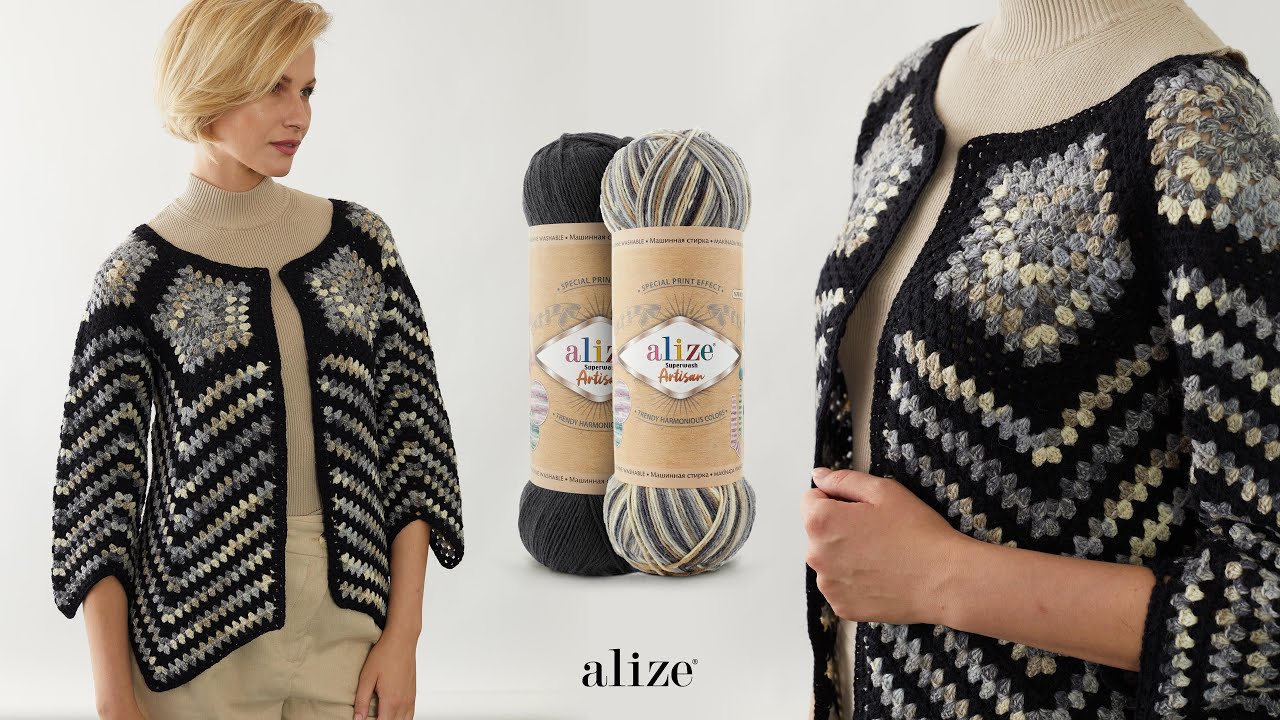 Кардиган с мотивом зигзаг крючком с пряжей Alize Superwash Artisan