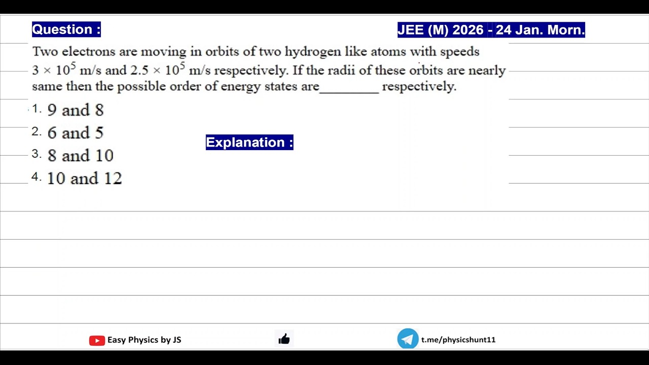 Energy States in Bohr’s model | PYQ | JEE(M) 2026 (24 Jan Mor.)