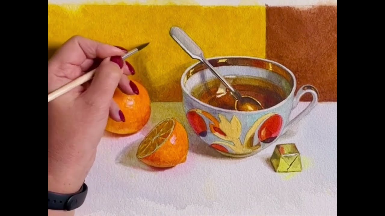 Натюрморт акварелью. Чашка с чаем, ложка и лимоны.