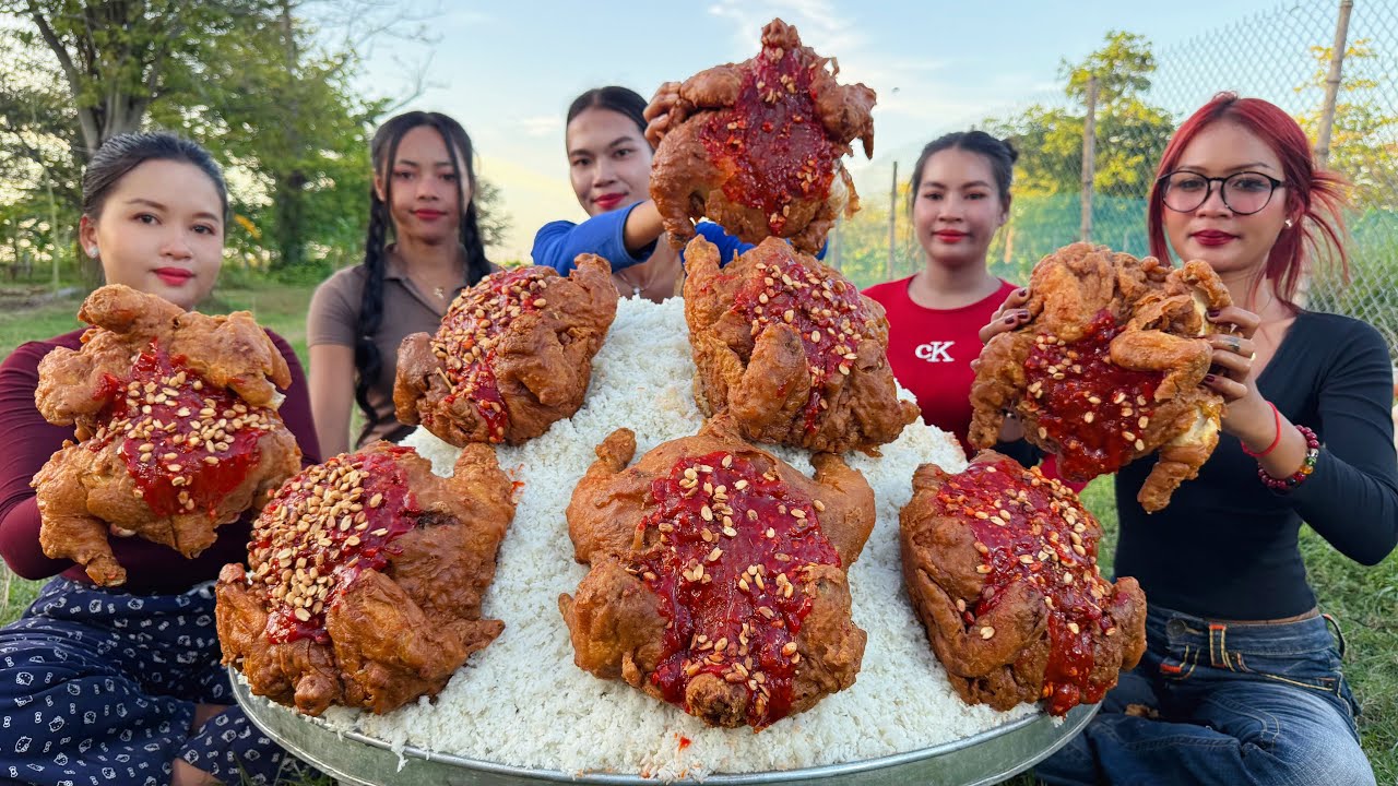 Amazing cooking chicken crispy with peanut and tomato sauce with rice in my countryside