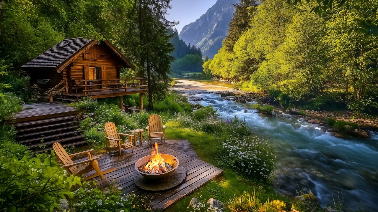 Riverside Forest Cabin Ambience 🔥 Flowing River Sounds & Crackling Fire