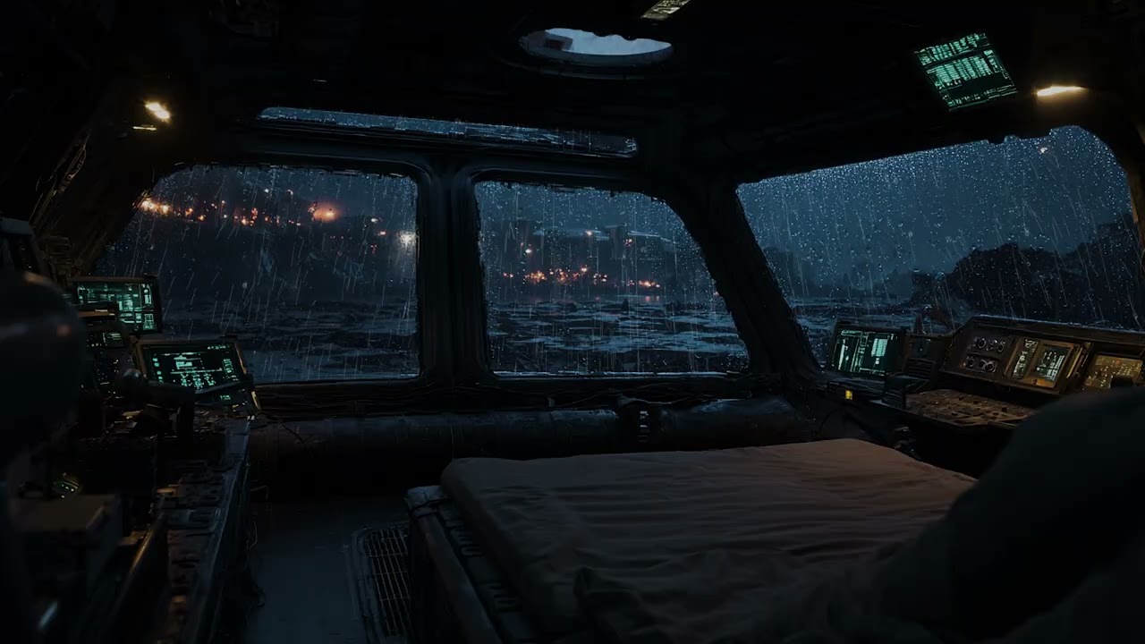 Dark Industrial Ship Bridge with Snowfall and Thunderstorm Sounds for Relaxation and Focus