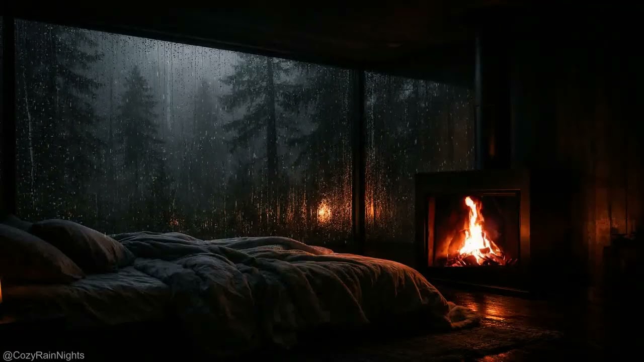 You Will Fall Asleep Fast 🔥 Fireplace & Rain Sounds in a Dark Bedroom 🌧️ Perfect Sleep Ambience