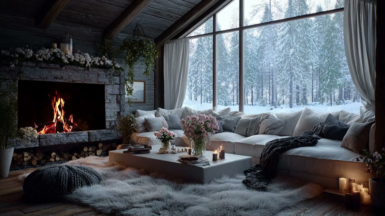 Cozy Cabin Firelight: Relaxing Piano Music with Snow Falling for a Peaceful Period