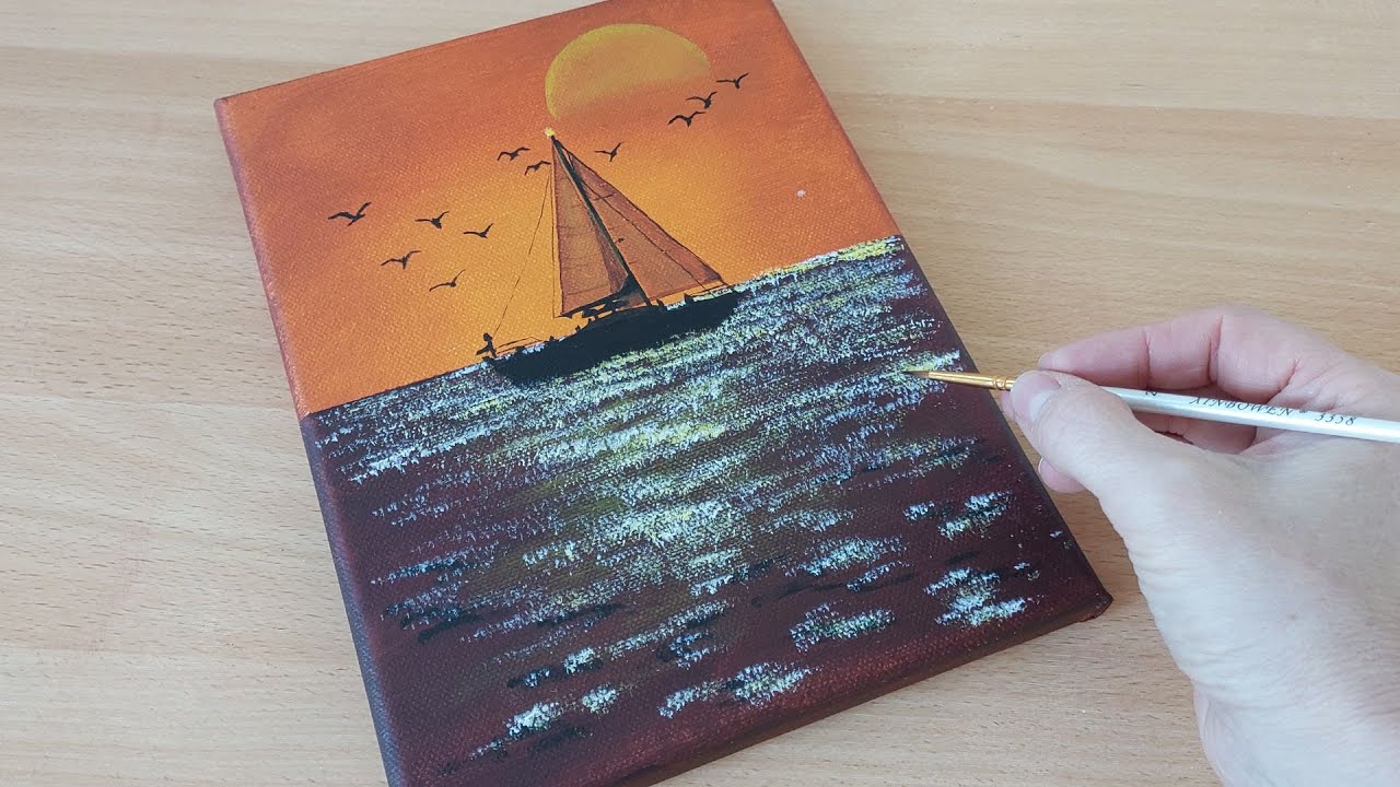 Sunset Sailboat Drawing| Acrylic painting for Beginners | STEP by STEP Tutorial | DeOli art