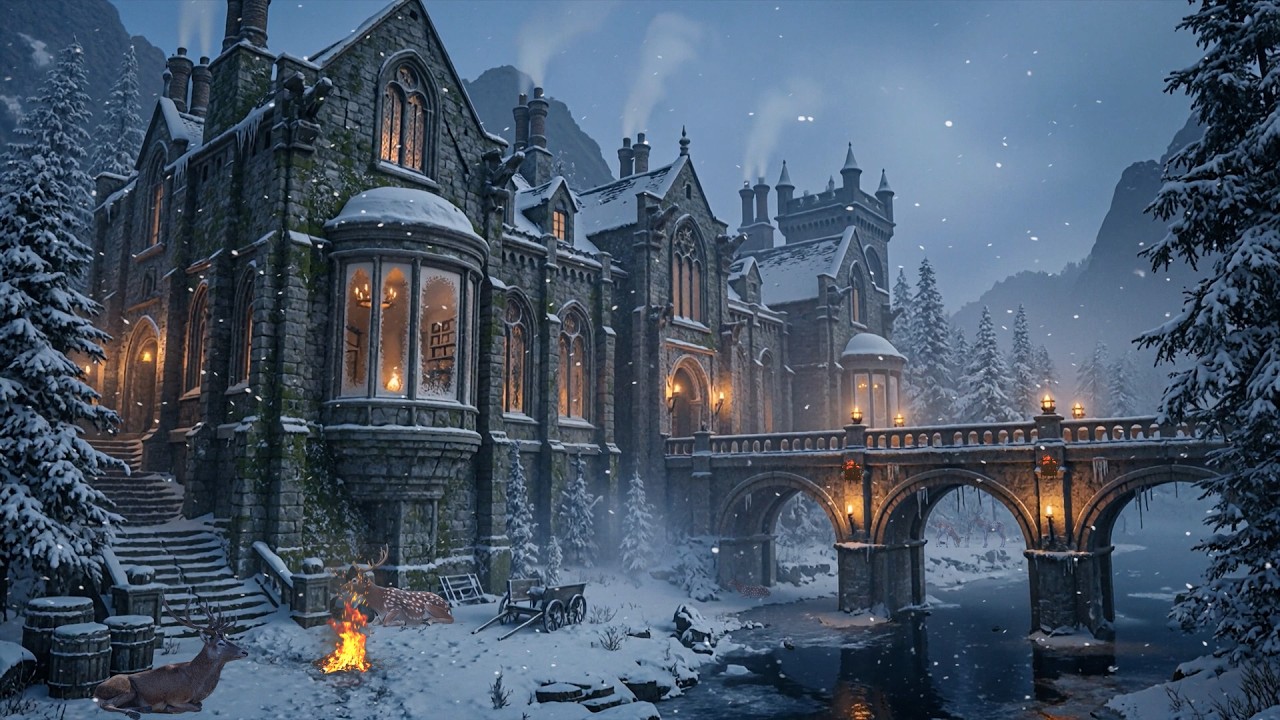 Snowy Gothic Castle Ambience | Soft Falling Snow, Distant Fire Sounds for Deep Serenity