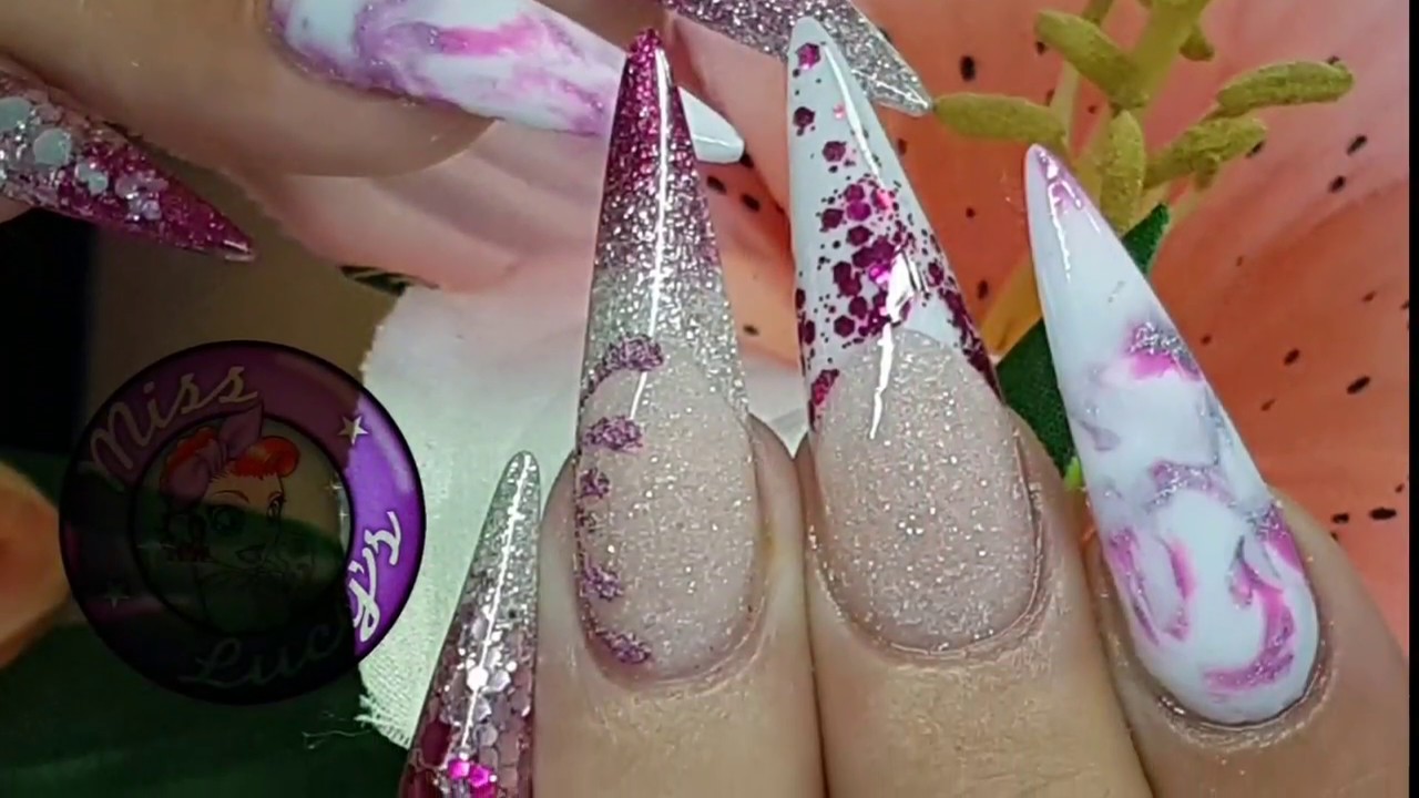 Raspberry Ripple Nails, New Set, Stilleto 'Vamp' Tips, Embedded Glitter, Acrylic Marble