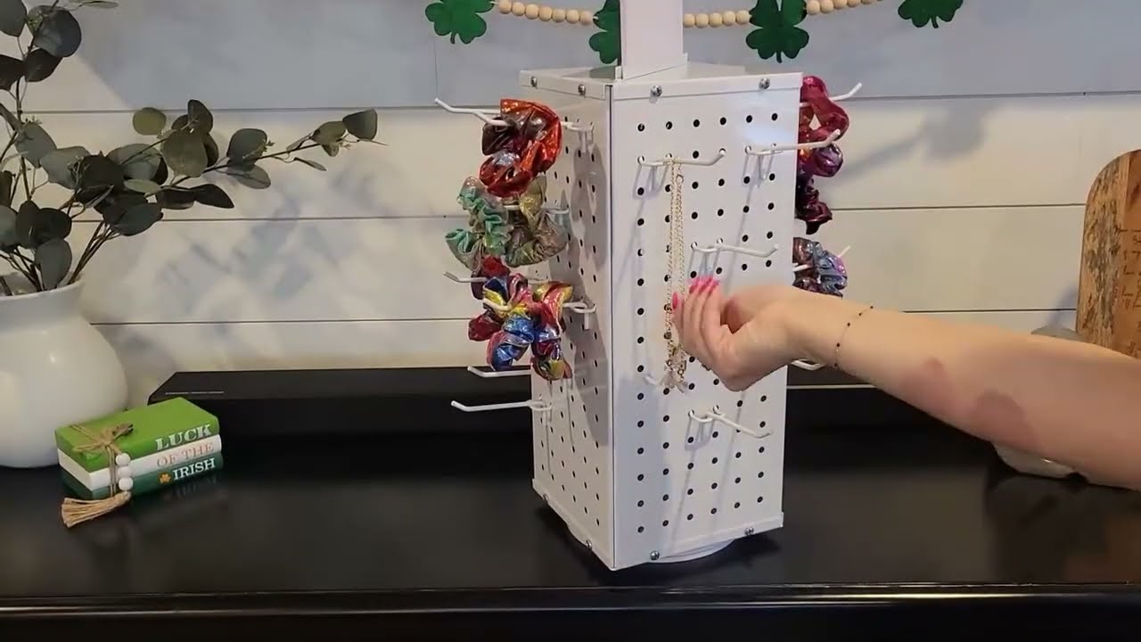 Zealor Rotating Pegboard Display Stand With 24 Hooks, 4 Sided Metal Spinning Peg Board