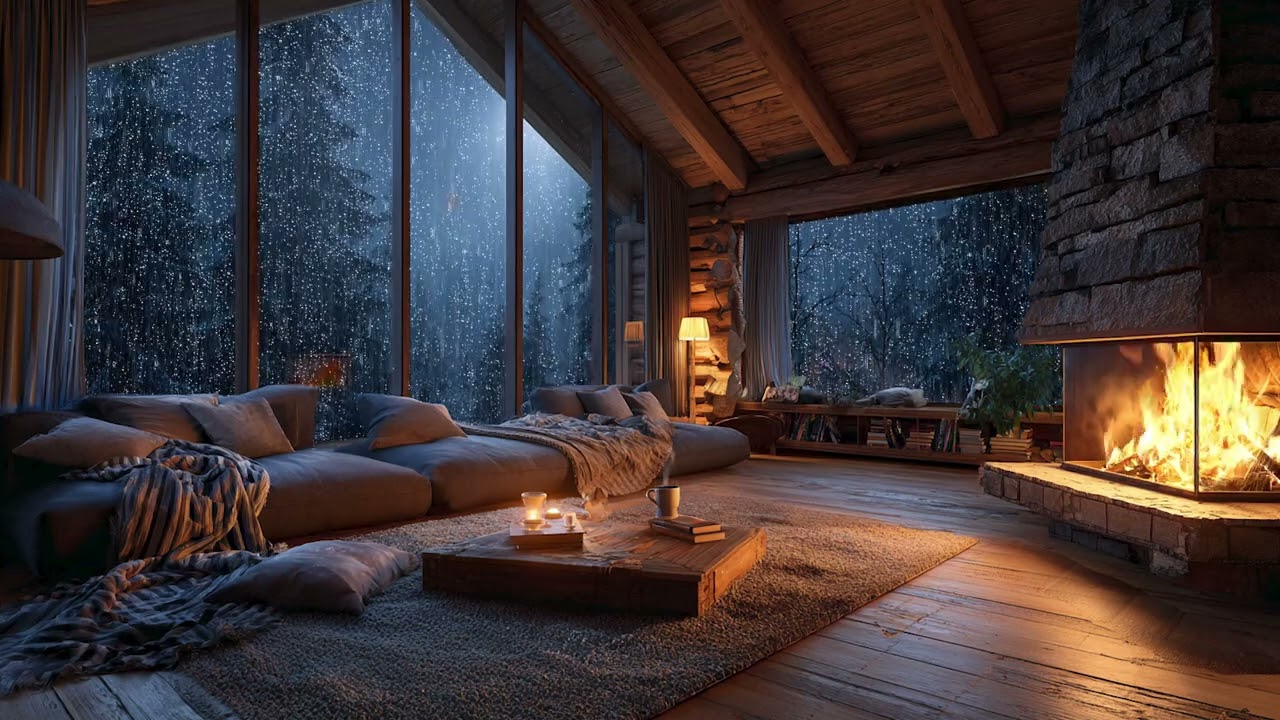 Cozy Cabin with Heavy Rain Outside and Gentle Fireplace Sounds for Peaceful Sleep Tonight