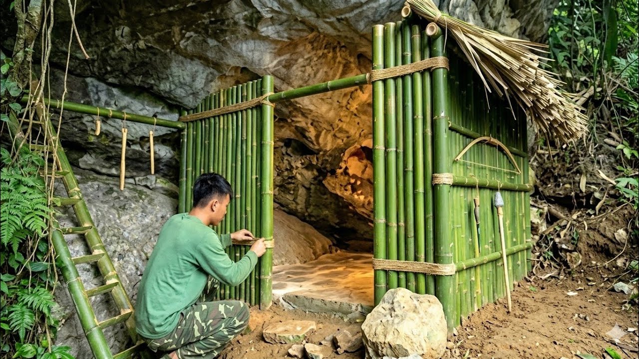 How to build a shelter under a giant rock to survive#survival #pitchingtents #cooking 