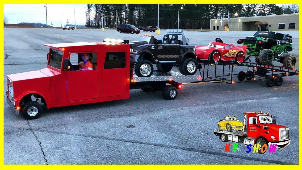 Mini Rollback Broke Down Powered Ride On Dodge Ram Grave Digger Lightning McQueen on the Trailer