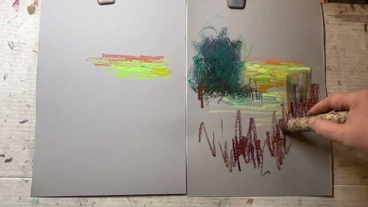 Painting with various brands of oil pastels on gray paper #oilpastels #artdemo