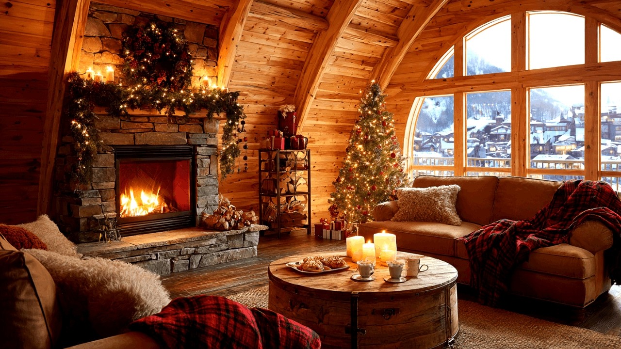 Snow Outside Warm Cabin with Uplifting Jazz Instrumental