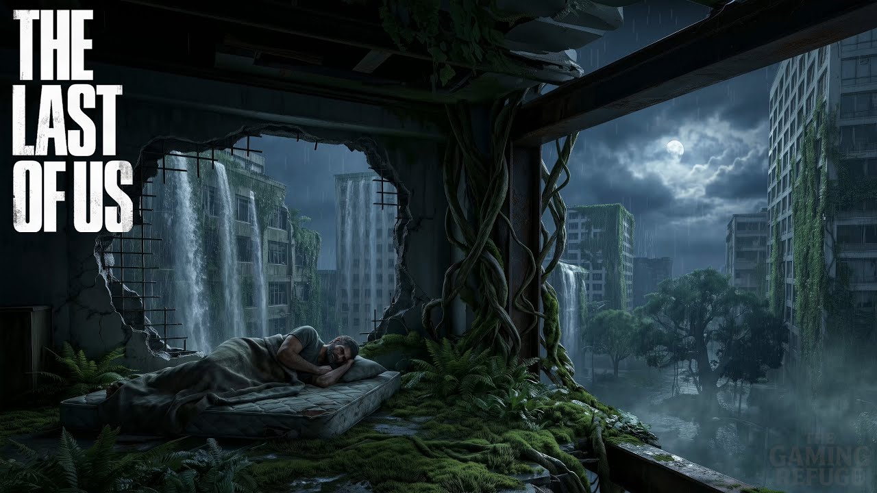 Joel Sleeping in Overgrown City 🌧️ | The Last of Us Rain & Urban Waterfall Ambience