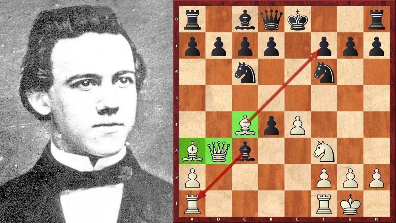 Шахматы. Пол Морфи играет ГАМБИТ ЭВАНСА без коня и СТАВИТ МАТ!