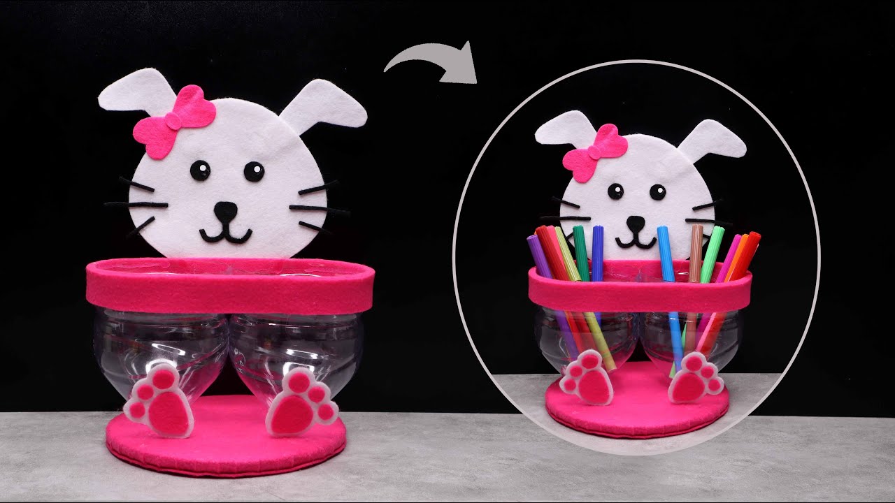 Ide tugas prakarya membuat tempat pensil dari botol plastik AQUA | DIY Plastic Bottle Pen Stand