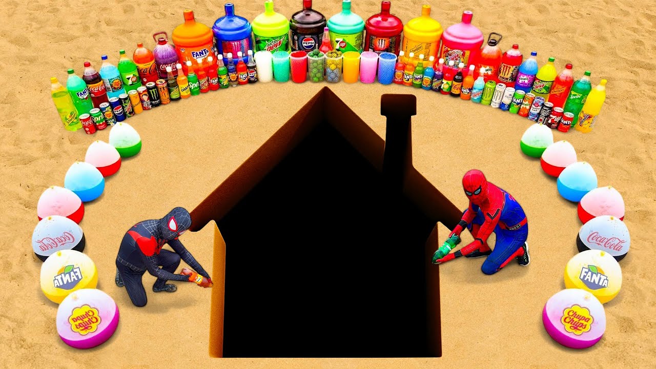How to Make Spiderman House with Big Orbeez, Balloons of Fanta, Mtn Dew, Giant Coca cola vs Mentos