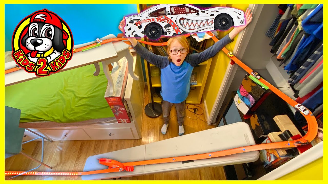 Monster Jam RACE CAR Vs Hot Wheels ALL STARS - LONGEST Mario Kart Race ALL AROUND MY ROOM!