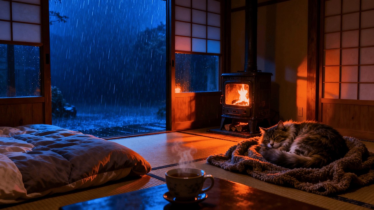 Heavy Rain for Sleeping | Cute Cat & Peaceful Piano for Insomnia, Anxiety & Relaxing