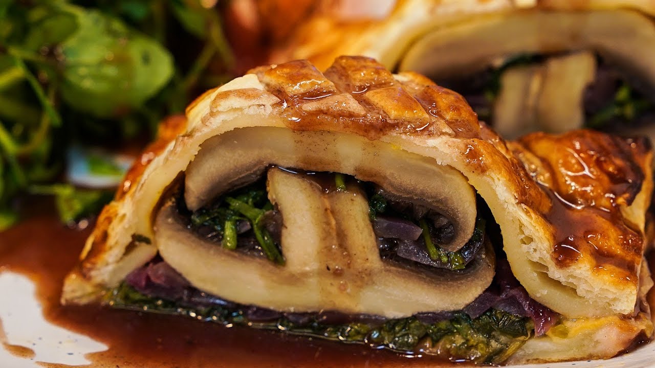Portobello Mushroom Wellingtons with red wine gravy