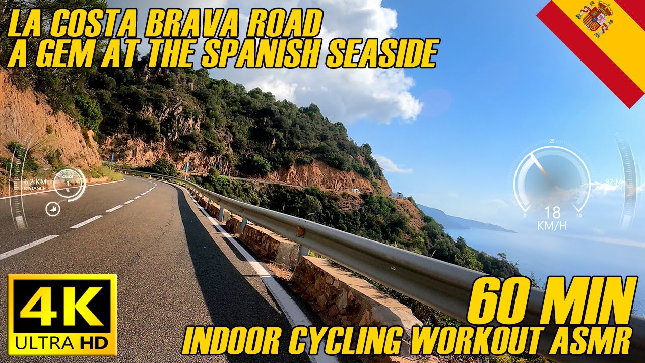 Real Cycling 60 Min Workout In Spain - La Costa Brava Road With Final Climb ASMR - Cataluña