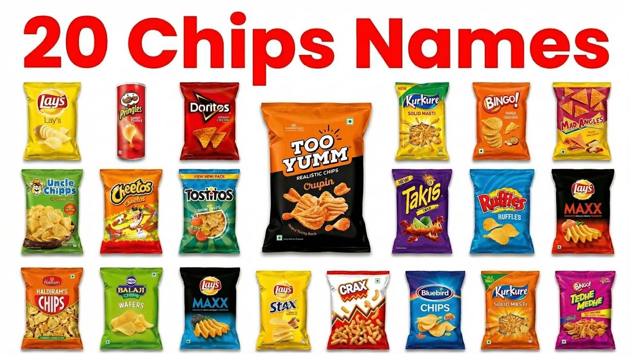 Learn 20 Chips Names | Lays, Pringles, Doritos, Uncle Chips | Kids Video20 Chips Names for Kids |