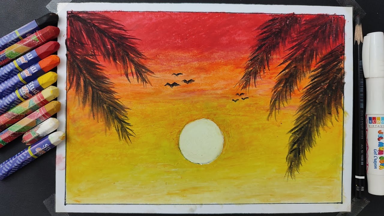 Kolay pastel boya manzara resmi, easy drawing oil pastel landscape ( sunset)