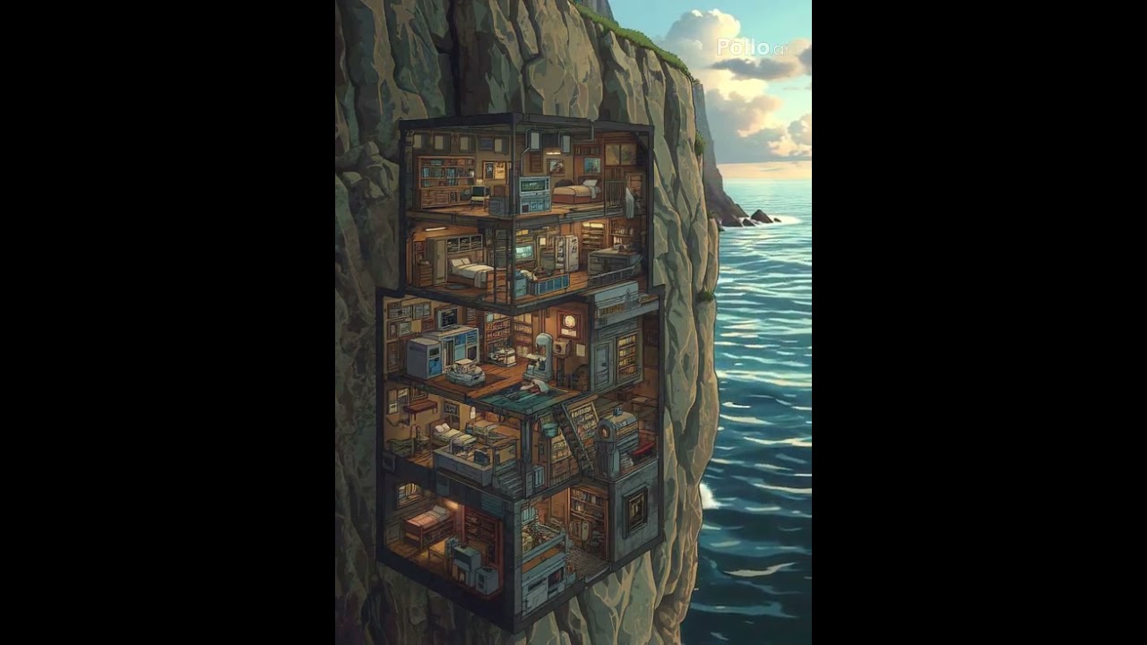 covert surveillance outpost carved deep into a windswept ocean clif