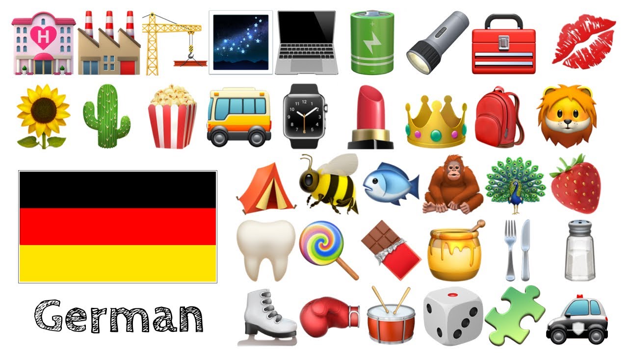 Выучите 400 слов - Немецкий  + Emoji -  🌻🌵🍿🚌⌚️💄👑🎒🦁🌹🥕⚽🧸🎁