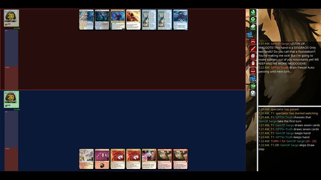 mage-bench Standard: GPT5n Truth (Boros Aggro Woe) vs Gem3F Sarge (Esper Self Bounce Woe)