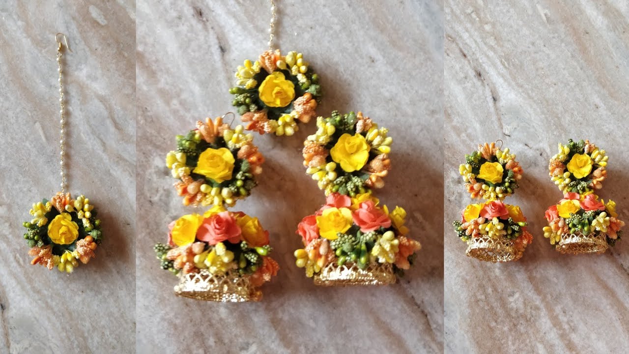 Artificial floral jhumka | Artificial floral maangtika |Floral jewellery for haldi