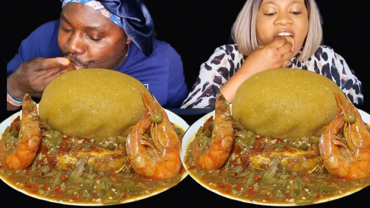 Asmr seafood okra soup and yellow garri fufu African food mukbang sound eating challenge