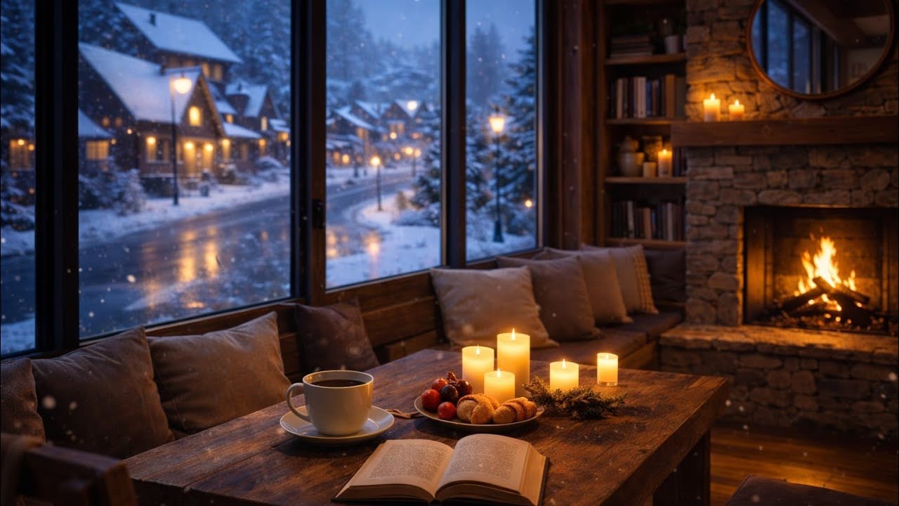 Evening Winter Coffee Shop ❄️ Relaxing Jazz  Crackling Fireplace for Focus & Study