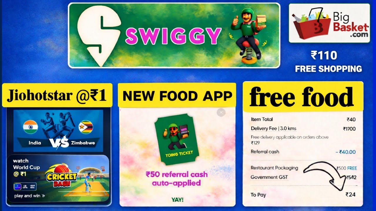 Bigbasket ₹110 free shopping 🛍️ Swiggy refer Earn free food | new free food app Toing | Vi ₹1 loot