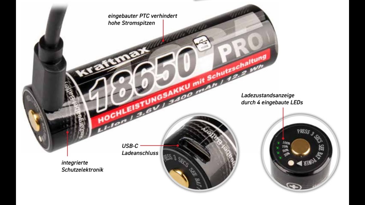 Kraftmax 18650 Pro Li-Ion Akku - 3400 mAh - USB-C aufladbar mit Kapazit&auml;tsanzeige