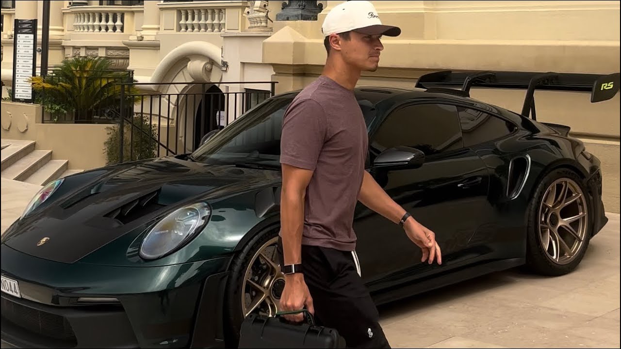 Lando Norris with his Porsche GT3 RS at Monte Carlo Casino in Monaco