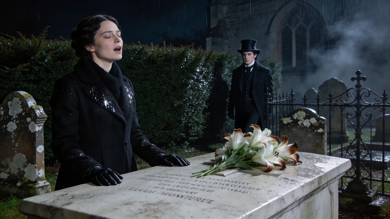 SHE SANG AT HIS WIFE'S GRAVE... NOT KNOWING HE STOOD IN THE DARK BEHIND HER